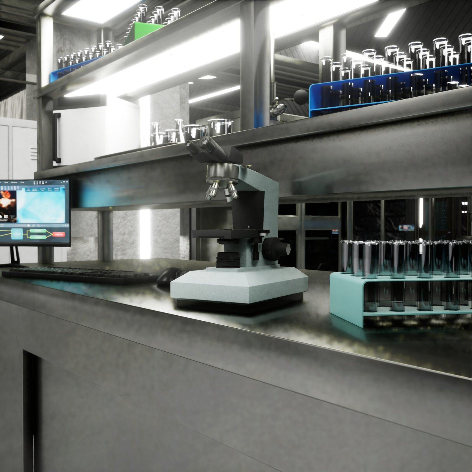 Hospital lab with sterile test tubes and glass vials prepared for sample analysis in clinical setting. Advanced medical environment used for patient testing and research procedures, 3D render
